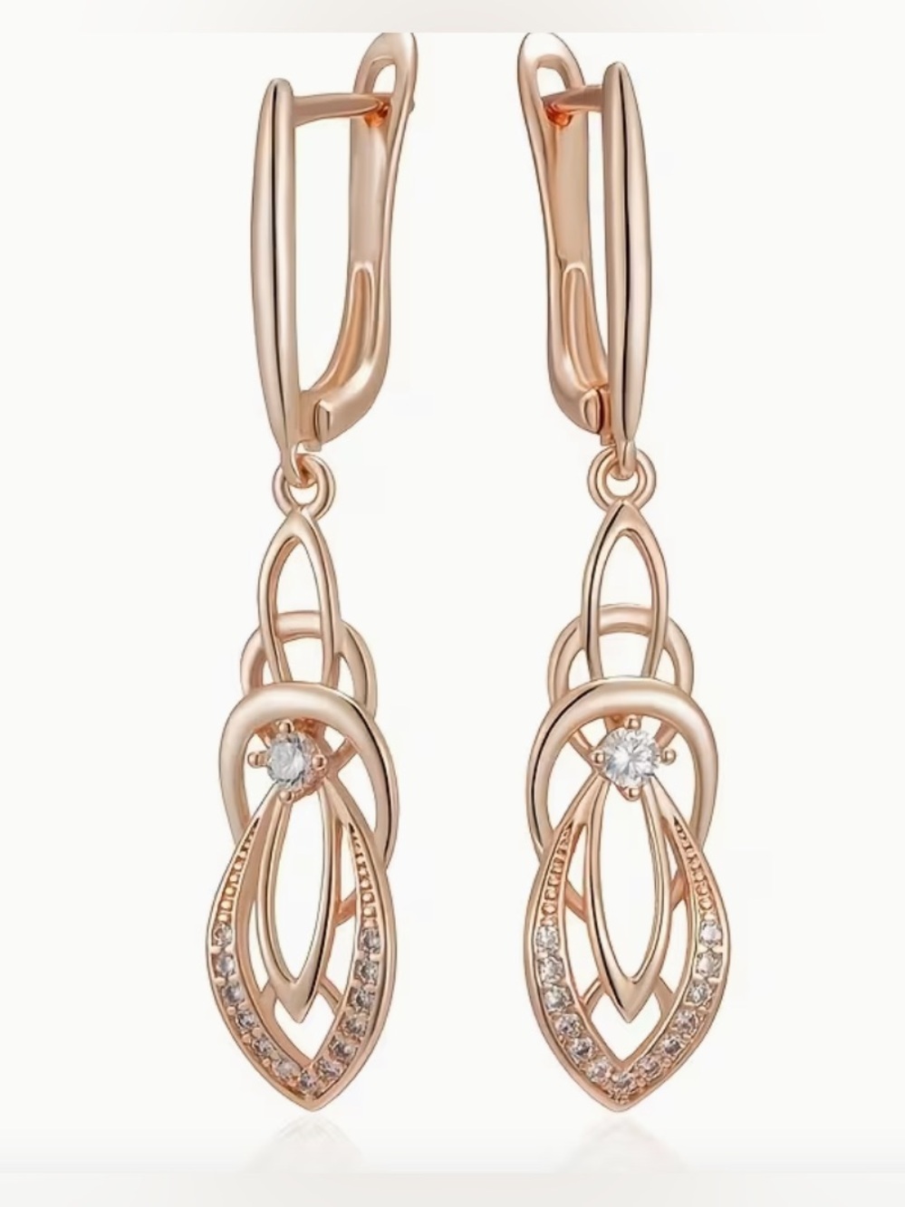 Rose Gold Long Drop Earrings With Clear Stones. - Picture 3 of 8